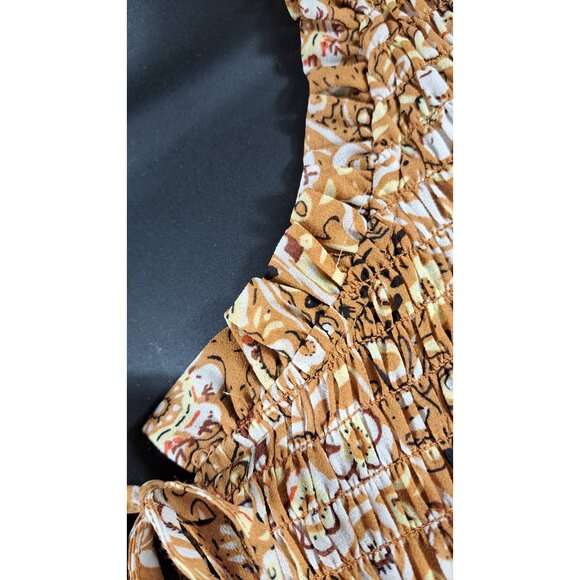 Melloday Blouse Women XL Smocked Paisley Peasant Elastic Sleeves Mustard & Ivory - Picture 4 of 14